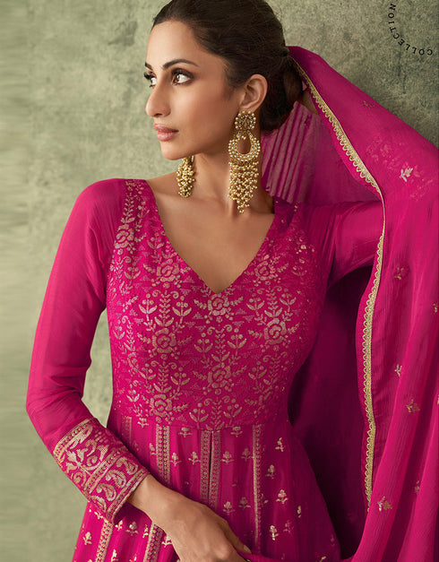Trendy Long Achkan Anarkali Dress Debian Red Georgette Pant Anarkali Close-up View