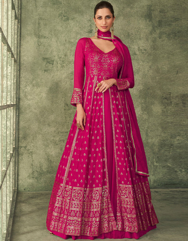 Trendy Long Achkan Anarkali Dress Debian Red Georgette Pant Anarkali Front View