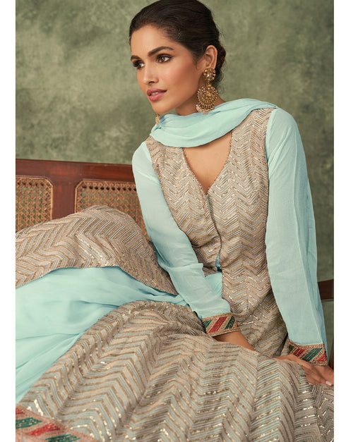 Trendy Long Achkan Anarkali Dress Heathered Grey Georgette Pant Anarkali Close-up View
