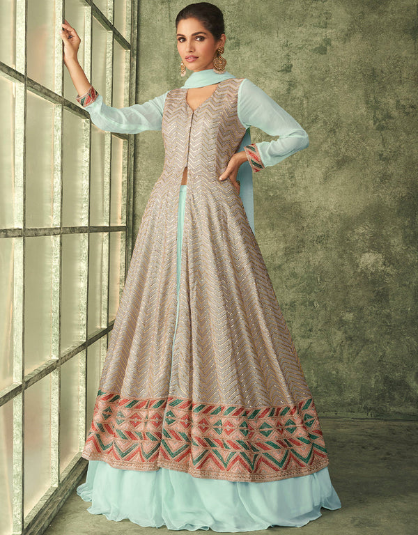Trendy Long Achkan Anarkali Dress Heathered Grey Georgette Pant Anarkali Front View