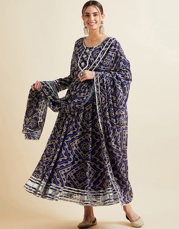Trendy Style Anarkali Gress With Dupatta Dark Blue Georgette Pant Anarkali Front View