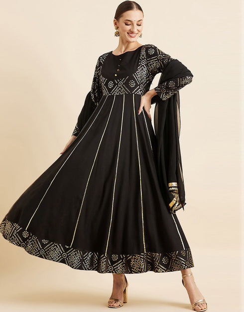Bandhani Printed Maxi Ethnic Dress With Dupatta Black Georgette Pant Anarkali Front View