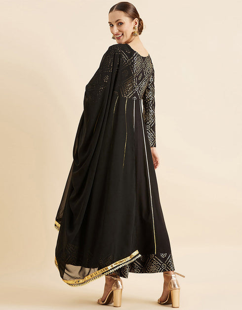 Bandhani Printed Maxi Ethnic Dress With Dupatta Black Georgette Pant Anarkali Side View