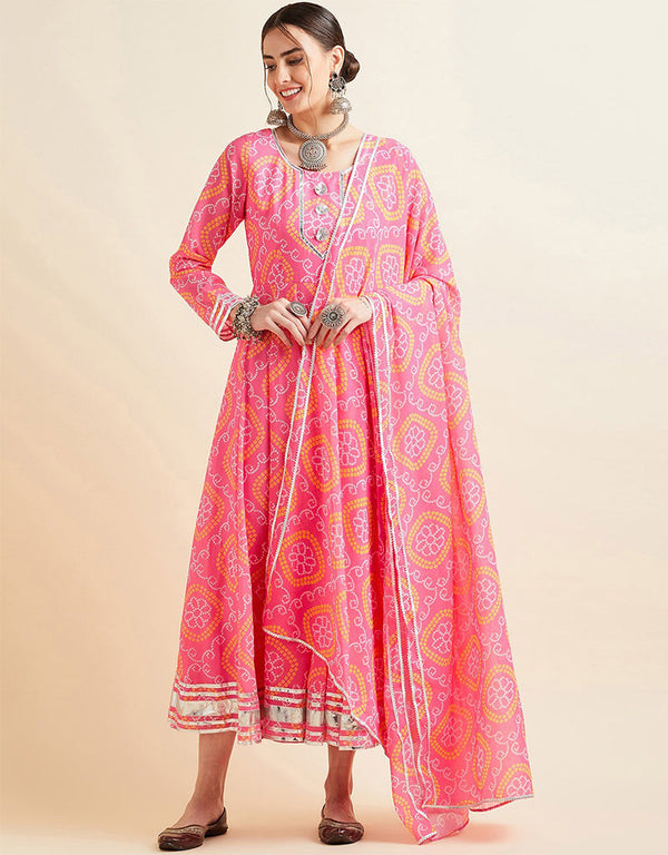 Bandhani Printed Flared Maxi Ethnic Dress With Dupatta Pink Sherbet Georgette Pant Anarkali Front View