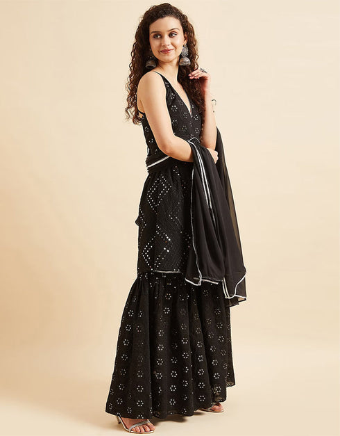 Mirror Work Sarara Salwar Kameez Onyx Poly Georgette Sharara Suit Back View