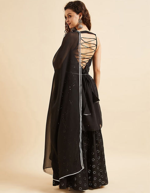 Mirror Work Sarara Salwar Kameez Onyx Poly Georgette Sharara Suit Side View