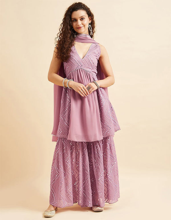 Mirror Work Sarara Salwar Kameez Pinkish Grey Poly Georgette Sharara Suit Front View