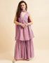 Mirror Work Sarara Salwar Kameez Pinkish Grey Poly Georgette Sharara Suit Front View