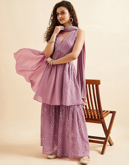 Mirror Work Sarara Salwar Kameez Pinkish Grey Poly Georgette Sharara Suit Back View