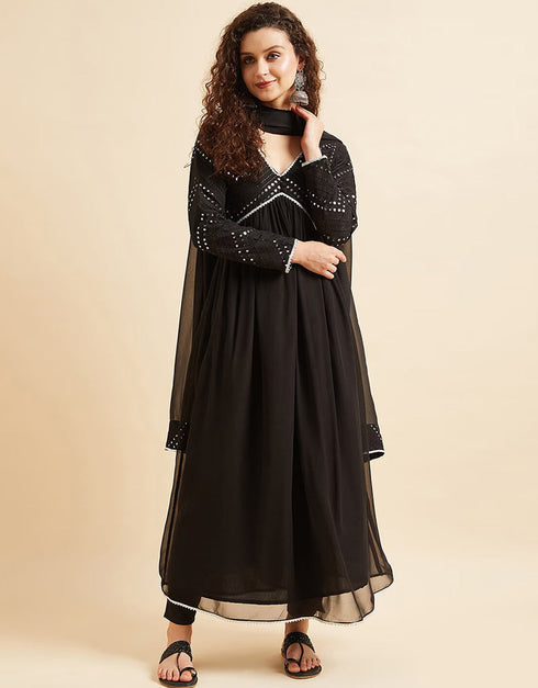 Empire Mirror Work Kurta With Trousers & With Dupatta Zeus Poly Georgette Pant Straight Front View