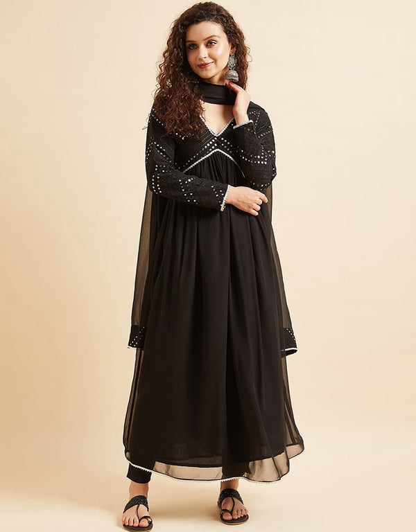 Empire Mirror Work Kurta With Trousers & With Dupatta Zeus Poly Georgette Pant Straight Front View