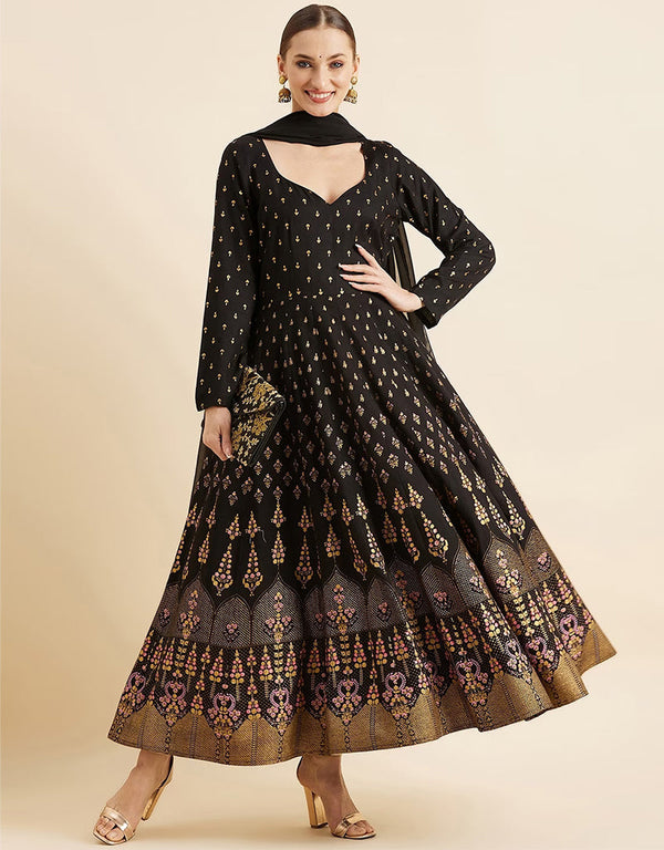Trendy Style Anarkali Gress With Dupatta Black Viscos Rayon Pant Anarkali Front View