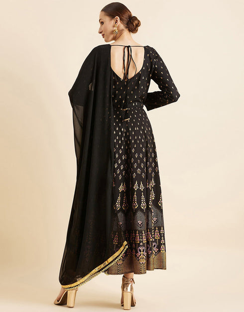 Trendy Style Anarkali Gress With Dupatta Black Viscos Rayon Pant Anarkali Side View