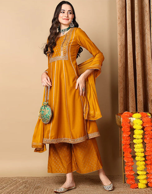 Anarkali Suit With Plazo Pant Rich Gold Blended Silk Pant Suit Front View
