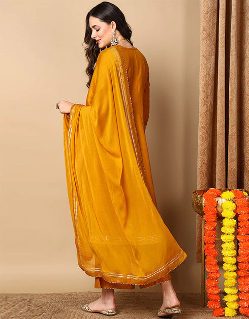 Anarkali Suit With Plazo Pant Rich Gold Blended Silk Pant Suit Back View