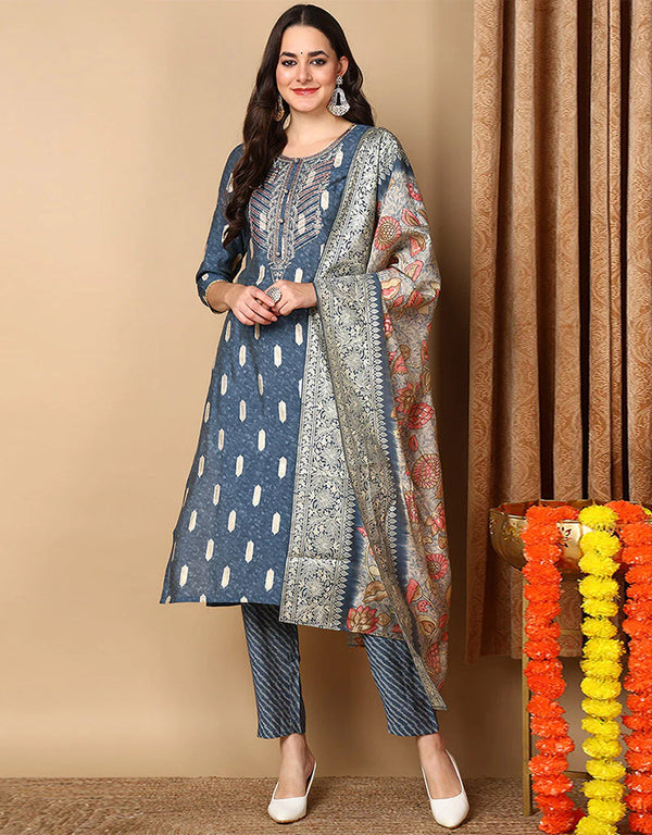 Straight Suit With Trowser Pant Marble Blue Blended Silk Pant Suit Front View