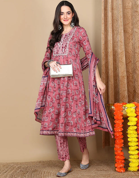 Flared Style Suit With Trowser Pant Tulip Pink Cotton Pant Suit Front View