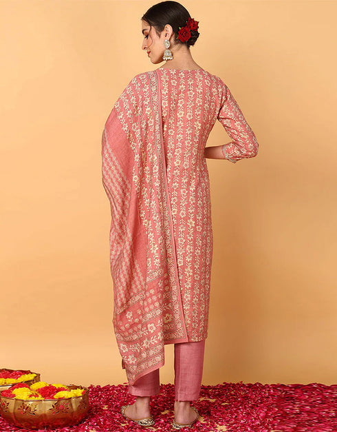Trendy Pure Cotton Ready Made Set With Dupatta Dark Peach Cotton Pant Straight Back View