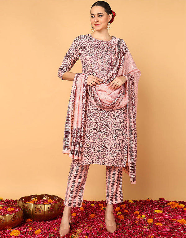 Trendy Pure Cotton Ready Made Set With Dupatta Light Rose Cotton Pant Straight Front View