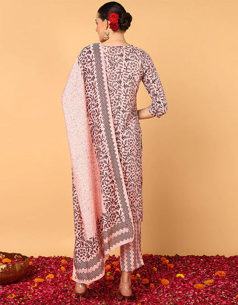 Trendy Pure Cotton Ready Made Set With Dupatta Light Rose Cotton Pant Straight Back View