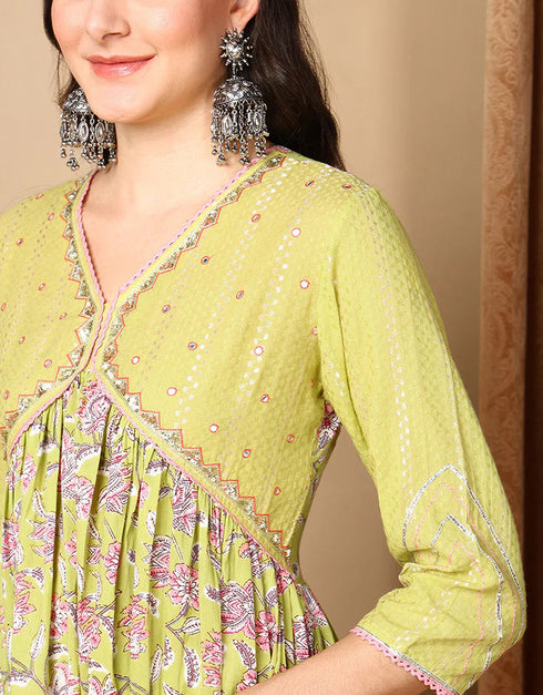 Trendy Pure Cotton Ready Made Set With Dupatta Lemon Ginger Cotton Pant Straight Close-up View