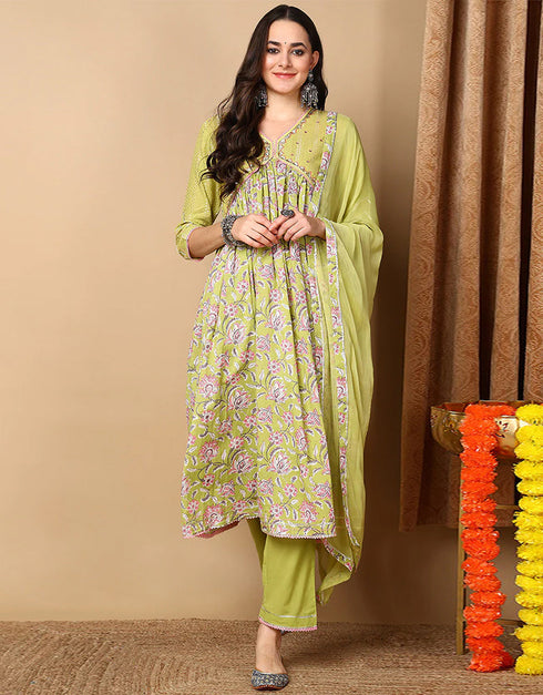 Trendy Pure Cotton Ready Made Set With Dupatta Lemon Ginger Cotton Pant Straight Front View