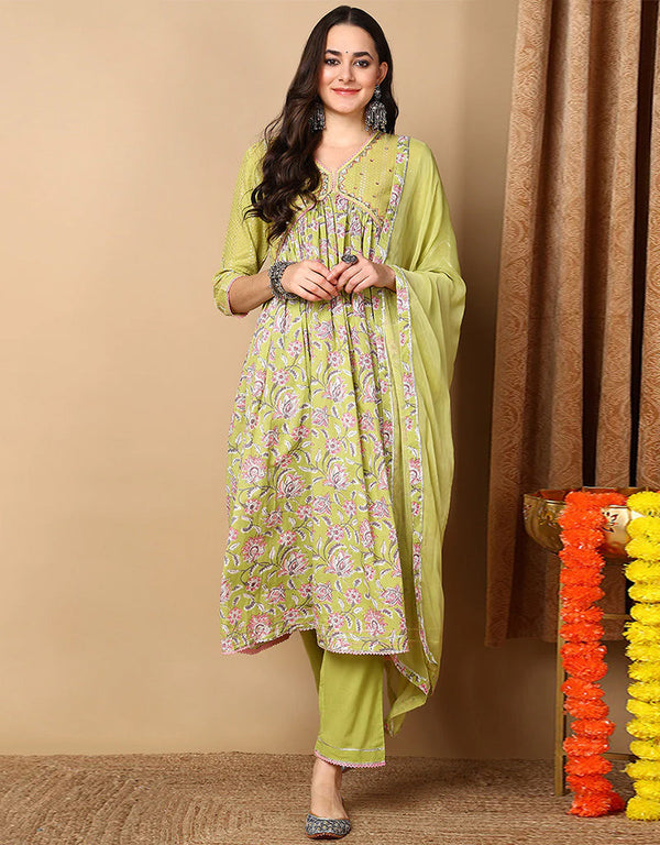 Trendy Pure Cotton Ready Made Set With Dupatta Lemon Ginger Cotton Pant Straight Front View