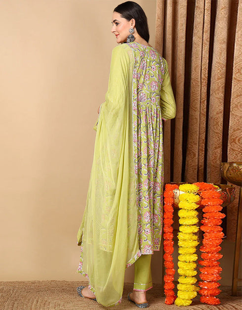 Trendy Pure Cotton Ready Made Set With Dupatta Lemon Ginger Cotton Pant Straight Back View