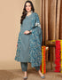 Trendy Pure Cotton Ready Made Set With Dupatta Light Navy Blue Cotton Pant Straight Front View