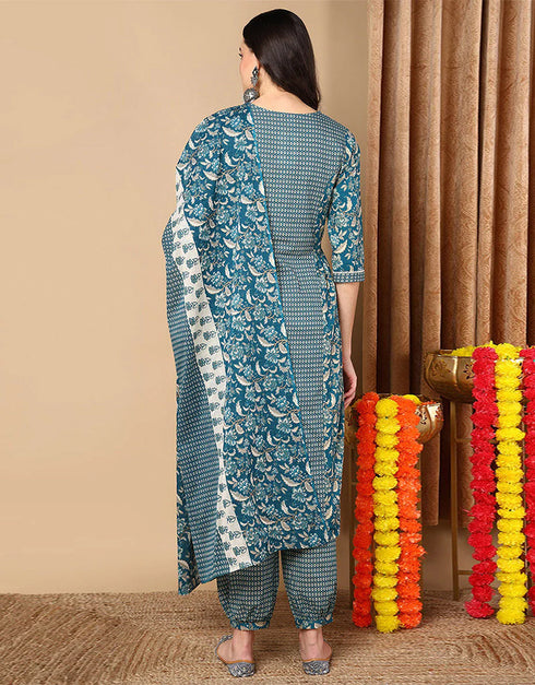 Trendy Pure Cotton Ready Made Set With Dupatta Light Navy Blue Cotton Pant Straight Back View
