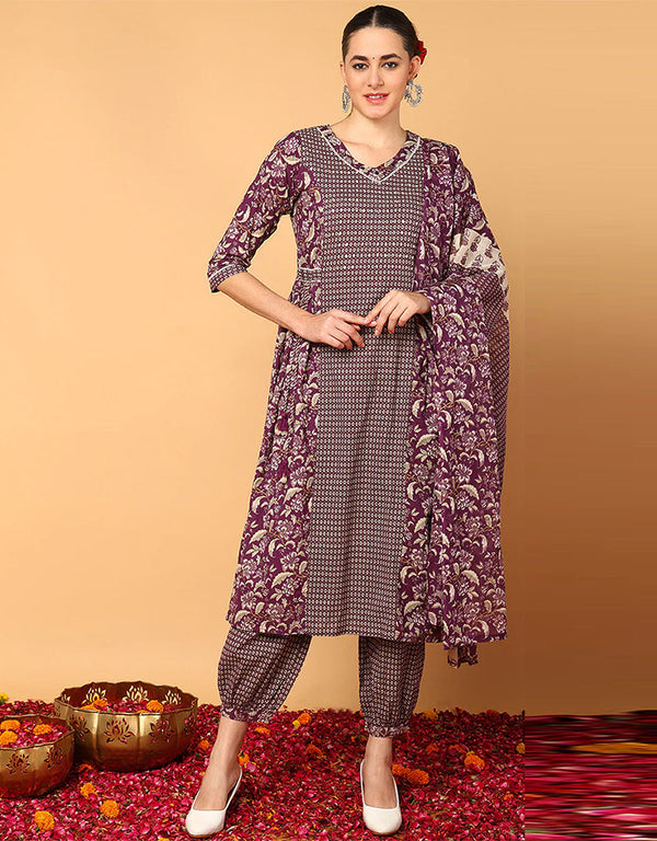 Trendy Pure Cotton Ready Made Set With Dupatta Old Mauve Cotton Pant Straight Front View