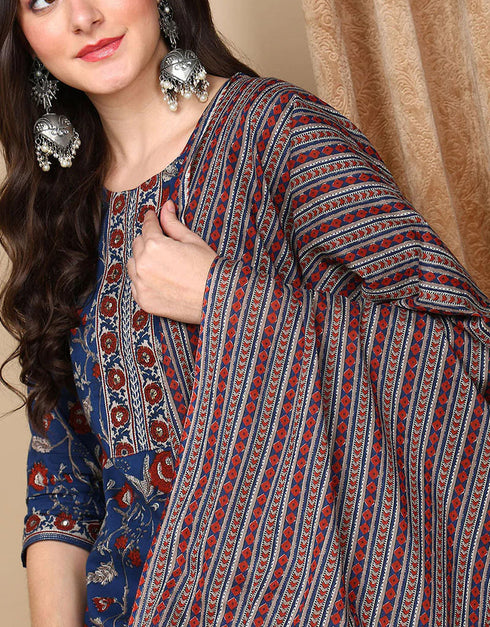 Trendy Pure Cotton Ready Made Set With Dupatta Nile Blue Cotton Pant Straight Close-up View