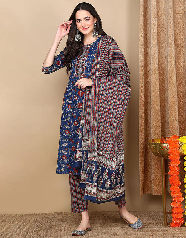 Trendy Pure Cotton Ready Made Set With Dupatta Nile Blue Cotton Pant Straight Front View