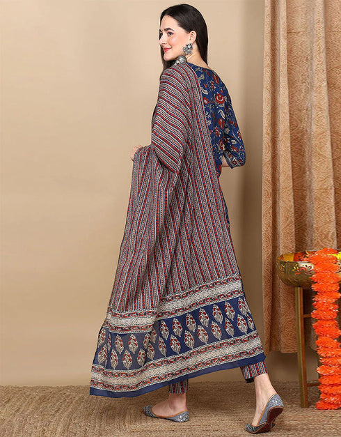 Trendy Pure Cotton Ready Made Set With Dupatta Nile Blue Cotton Pant Straight Back View