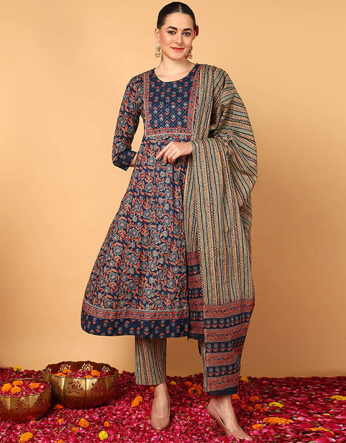 Trendy Pure Cotton Ready Made Set With Dupatta Pickled Bluewood Cotton Pant Straight Front View