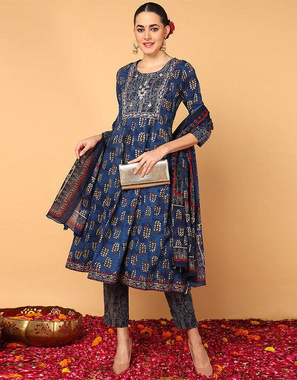 Trendy Pure Cotton Ready Made Set With Dupatta Chathams Blue Cotton Pant Straight Front View