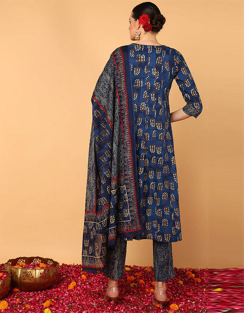 Trendy Pure Cotton Ready Made Set With Dupatta Chathams Blue Cotton Pant Straight Back View