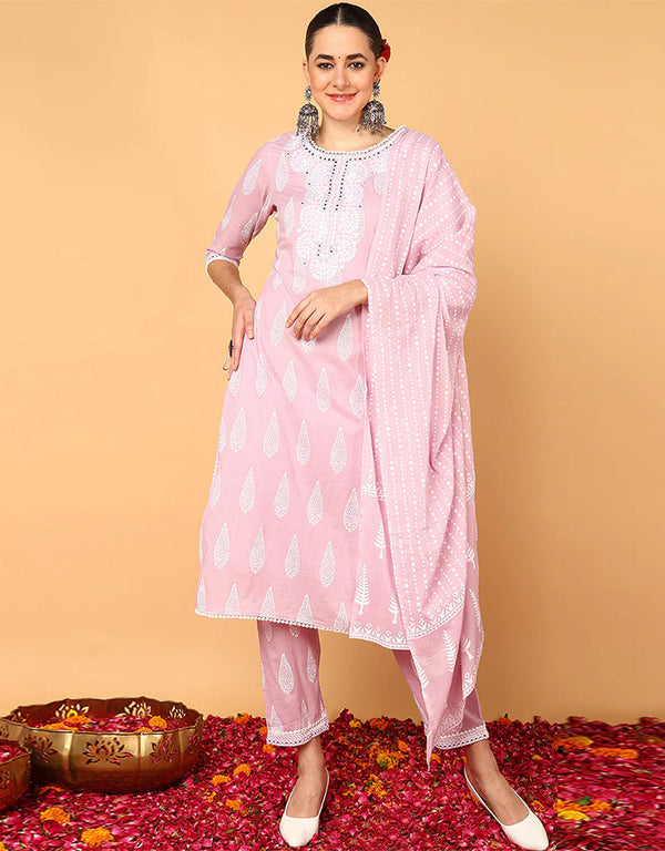Trendy Pure Cotton Ready Made Set With Dupatta Light Rose Cotton Pant Straight Front View