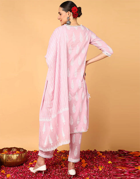 Trendy Pure Cotton Ready Made Set With Dupatta Light Rose Cotton Pant Straight Back View