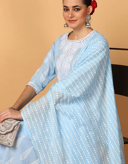 Trendy Pure Cotton Ready Made Set With Dupatta Hawkes Blue Cotton Pant Straight Close-up View