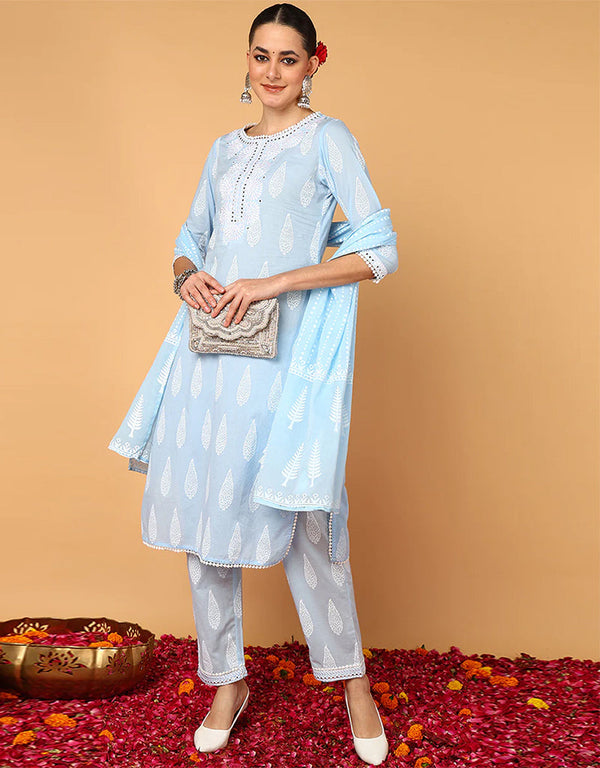 Trendy Pure Cotton Ready Made Set With Dupatta Hawkes Blue Cotton Pant Straight Front View