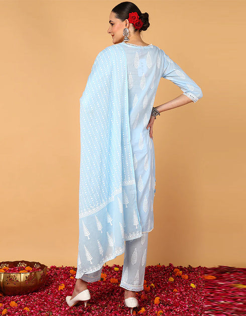 Trendy Pure Cotton Ready Made Set With Dupatta Hawkes Blue Cotton Pant Straight Back View