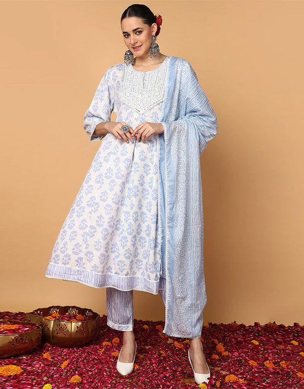 Trendy Pure Cotton Ready Made Set With Dupatta Periwinkle Grey Cotton Pant Straight Front View