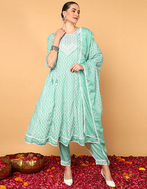 Trendy Pure Cotton Ready Made Set With Dupatta Magic Mint Cotton Pant Straight Front View