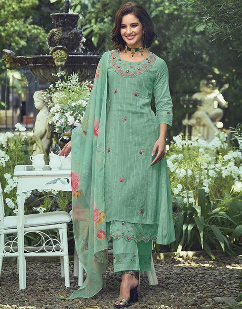 Trendy Pakistani Style Salwar Kameez Bay Leaf Pure Cotton Pant Straight Front View