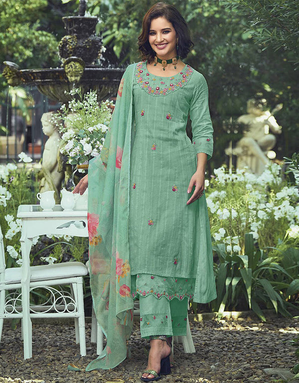 Trendy Pakistani Style Salwar Kameez Bay Leaf Pure Cotton Pant Straight Front View