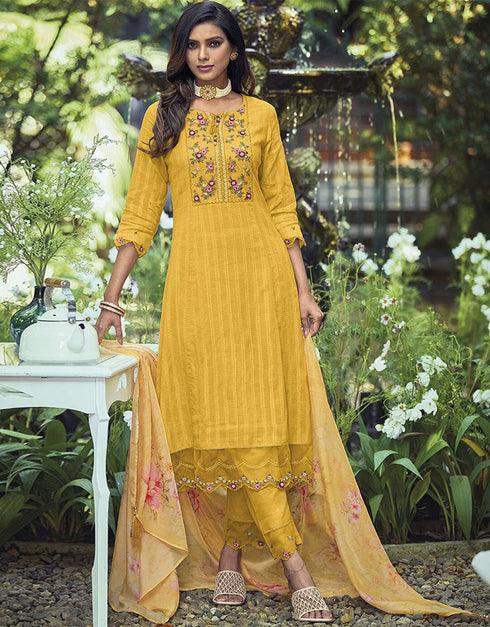 Trendy Pakistani Style Salwar Kameez Indian Yellow Pure Cotton Pant Straight Front View