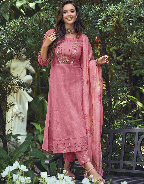 Trendy Pakistani Style Salwar Kameez Muted Pink Pure Cotton Pant Straight Front View