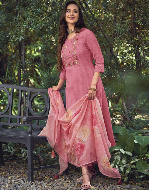 Trendy Pakistani Style Salwar Kameez Muted Pink Pure Cotton Pant Straight Close-up View