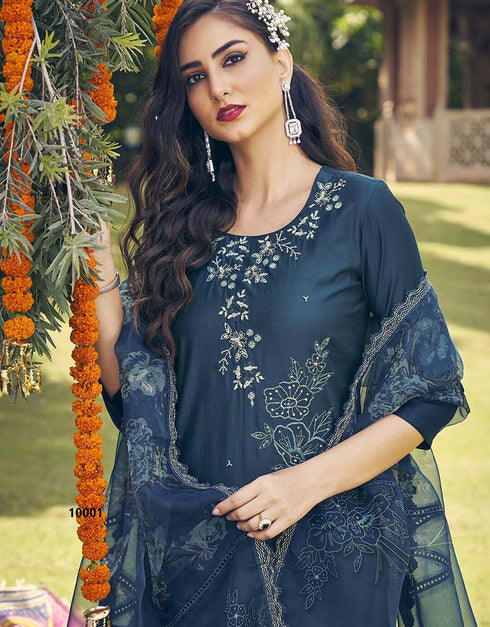 Trendy Pakistani Style Salwar Kameez Pickled Bluewood Viscos Rayon Pant Straight Close-up View